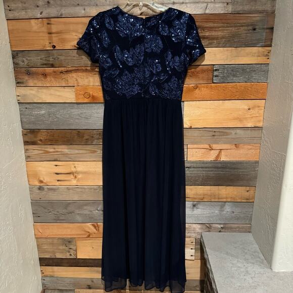 R&M Richards Mesh Sequin Embellished Short Sleeve Maxi Evening Dress Navy Size 6 - Picture 9 of 13